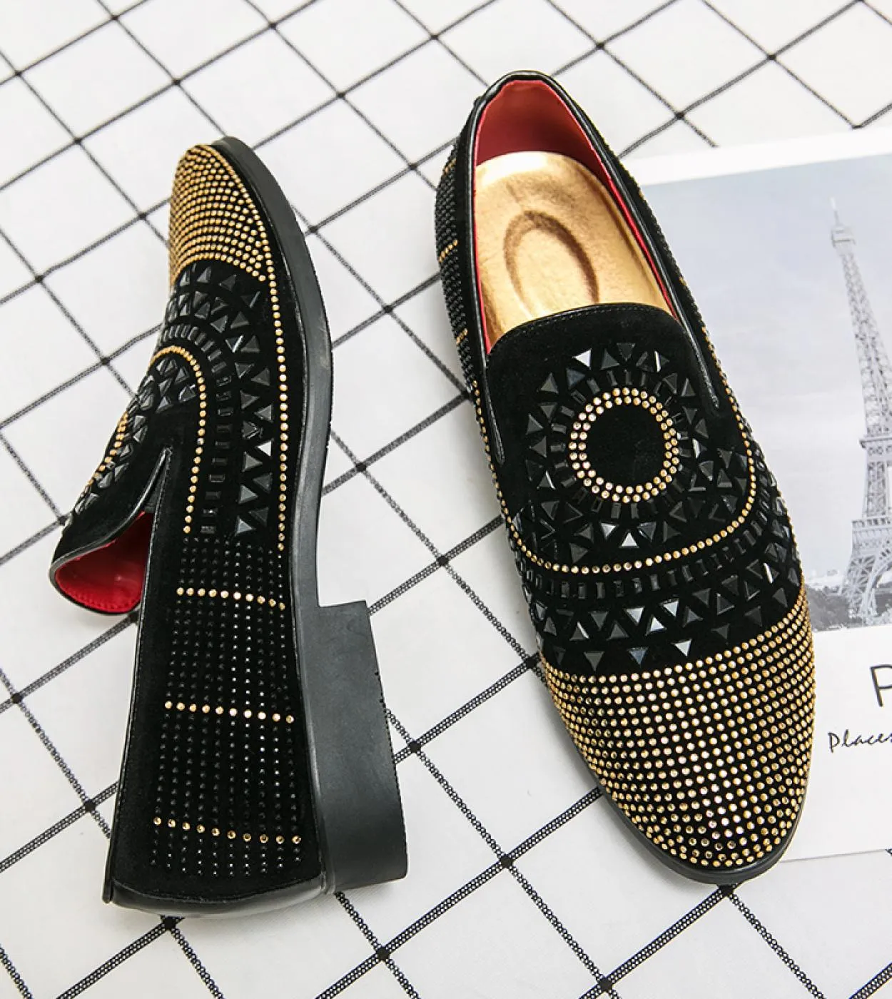Abito da sera formale da uomo Scarpe con strass Mocassini Scarpe casual Prom Festa di matrimonio Slip on Flat Men Black Rhines