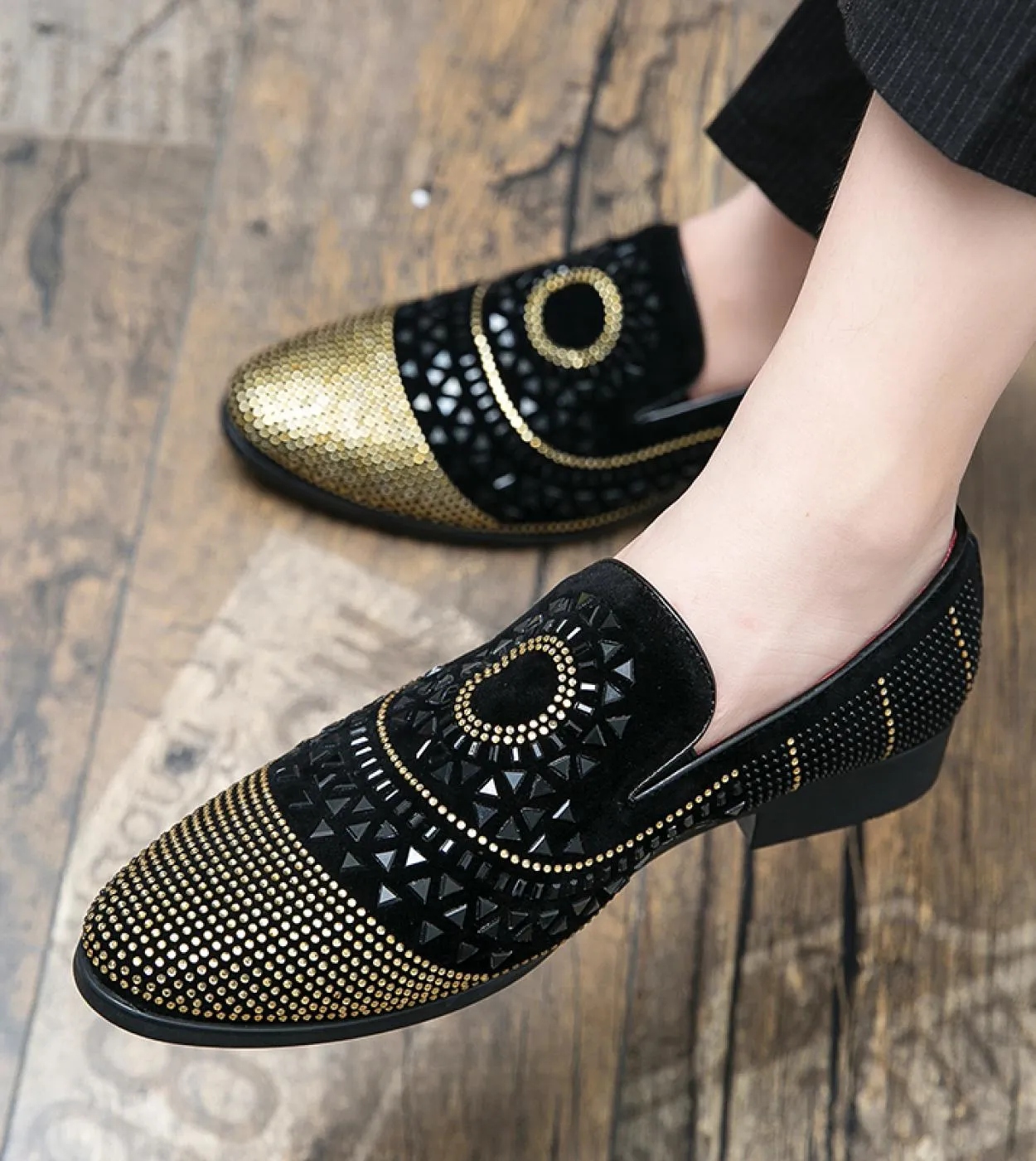 Abito da sera formale da uomo Scarpe con strass Mocassini Scarpe casual Prom Festa di matrimonio Slip on Flat Men Black Rhines