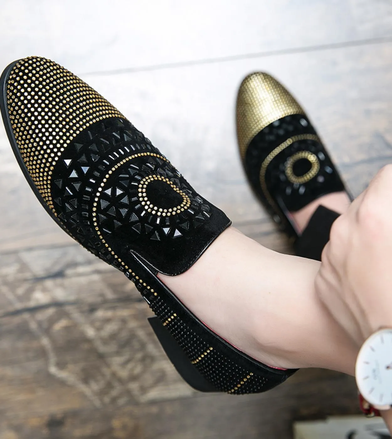 Abito da sera formale da uomo Scarpe con strass Mocassini Scarpe casual Prom Festa di matrimonio Slip on Flat Men Black Rhines