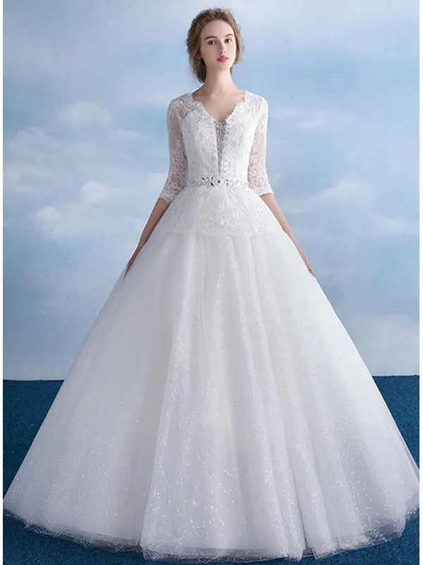 Abito da Sposa A-line con gonna vaporosa glitter e manica 3/4
