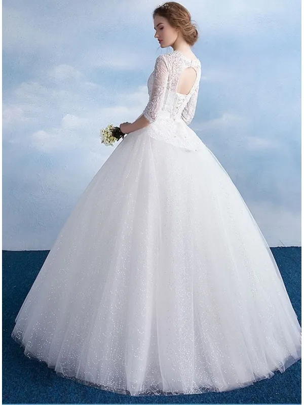 Abito da Sposa A-line con gonna vaporosa glitter e manica 3/4