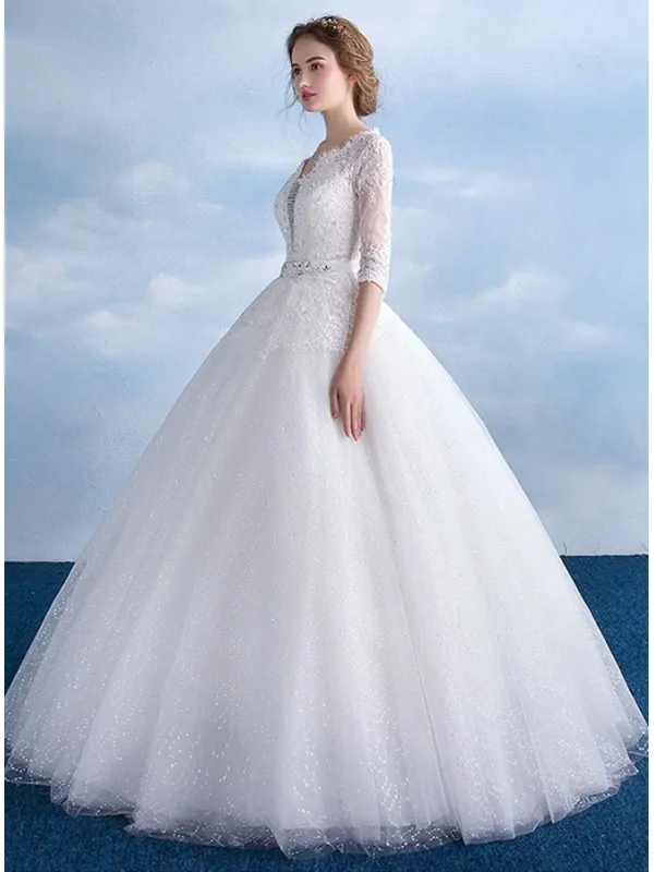 Abito da Sposa A-line con gonna vaporosa glitter e manica 3/4