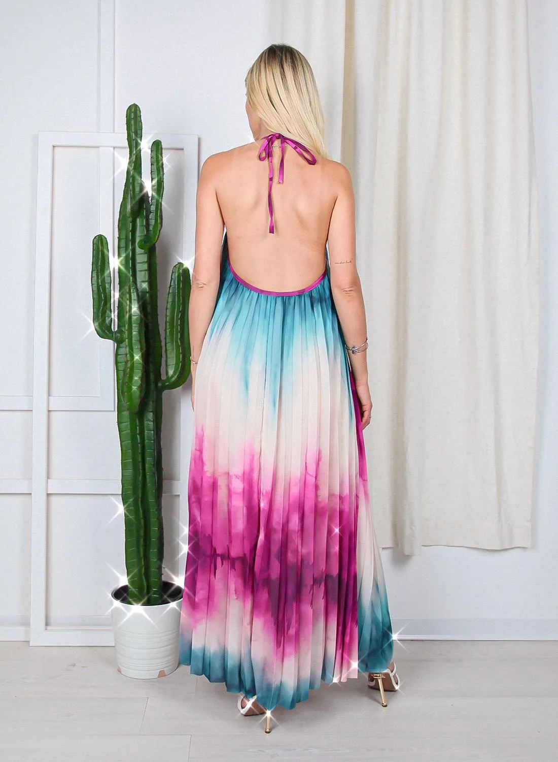 Abito Donna Lungo Morbido Schiena Scoperta Plissé Multicolore Bretella Comodo Casual