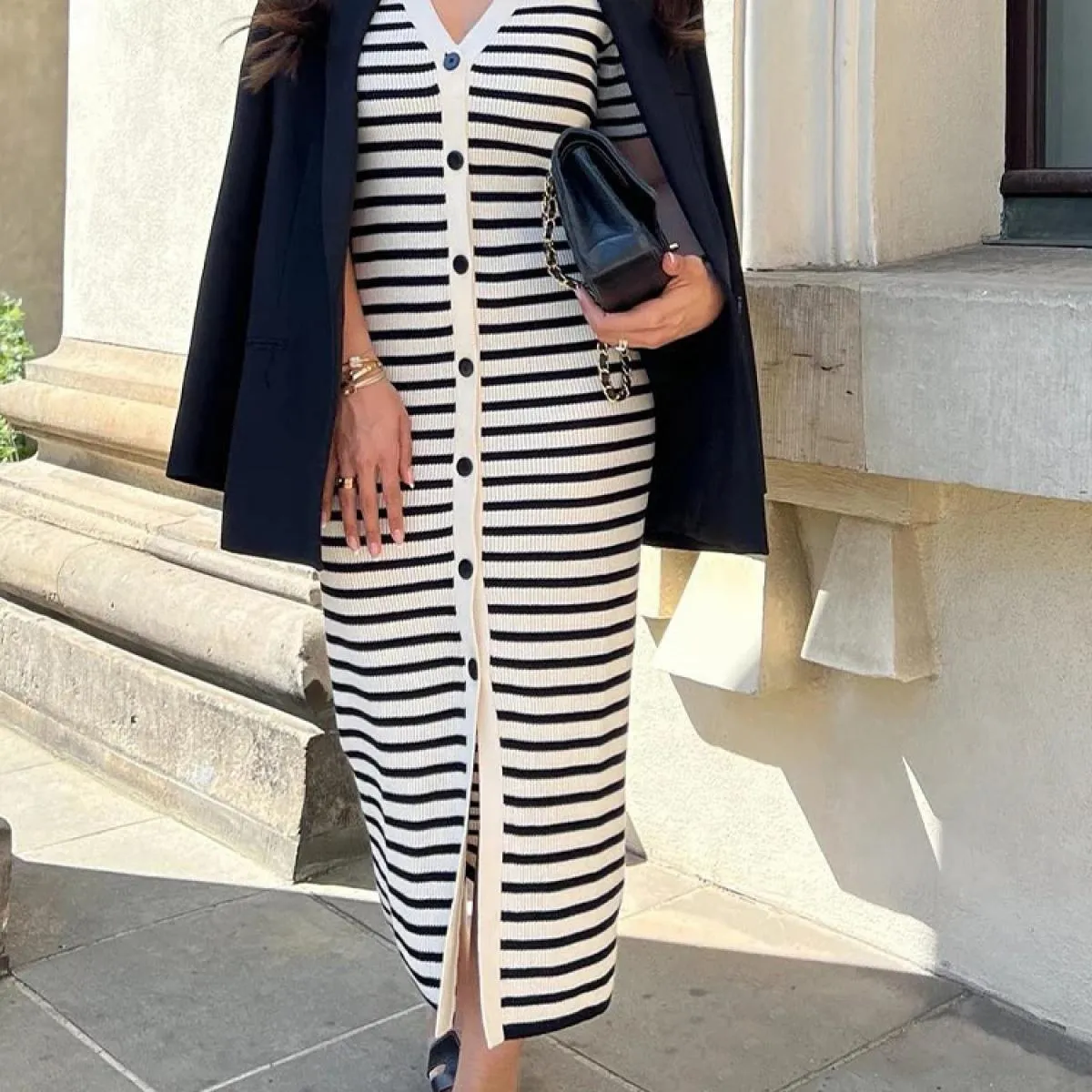 Abito lungo con scollo a V a righe in maglia, manica corta da donna, elegante cardigan, abito da festa, maglieria estiva d