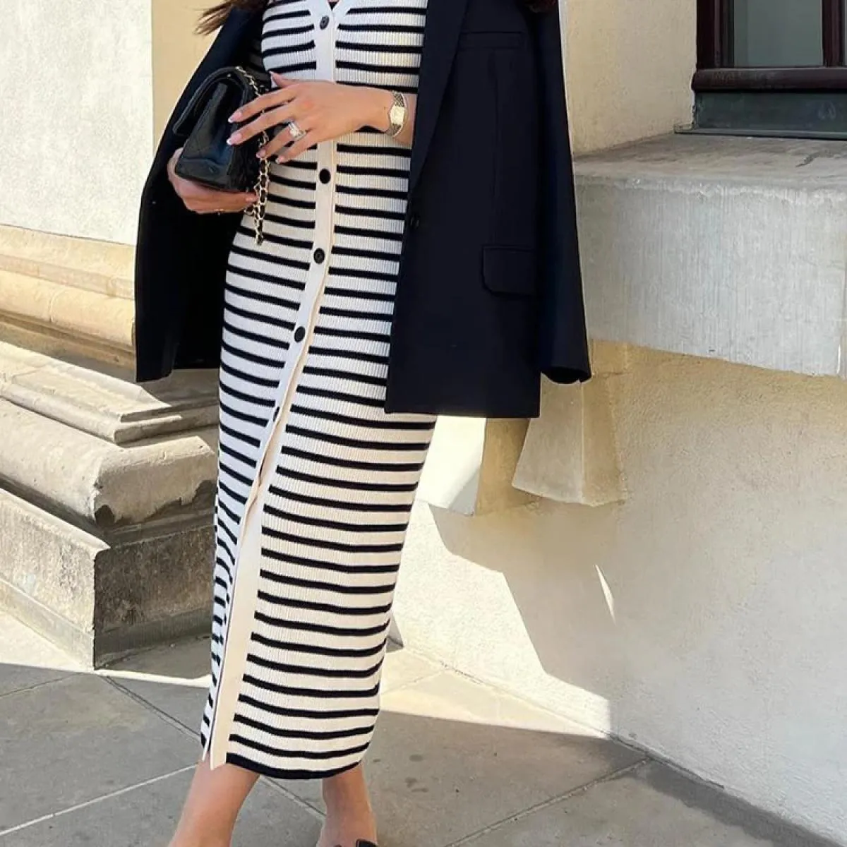 Abito lungo con scollo a V a righe in maglia, manica corta da donna, elegante cardigan, abito da festa, maglieria estiva d