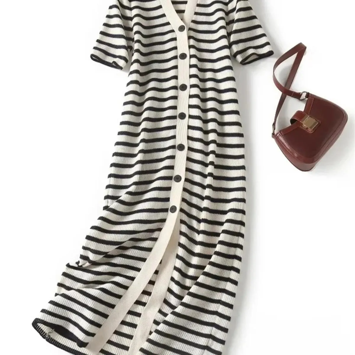 Abito lungo con scollo a V a righe in maglia, manica corta da donna, elegante cardigan, abito da festa, maglieria estiva d