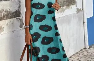 Abito lungo con stampa leopardata, blu