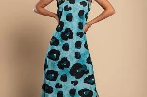Abito lungo con stampa leopardata, blu