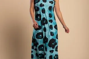 Abito lungo con stampa leopardata, blu