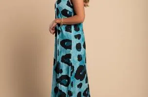 Abito lungo con stampa leopardata, blu