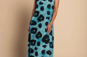 Abito lungo con stampa leopardata, blu