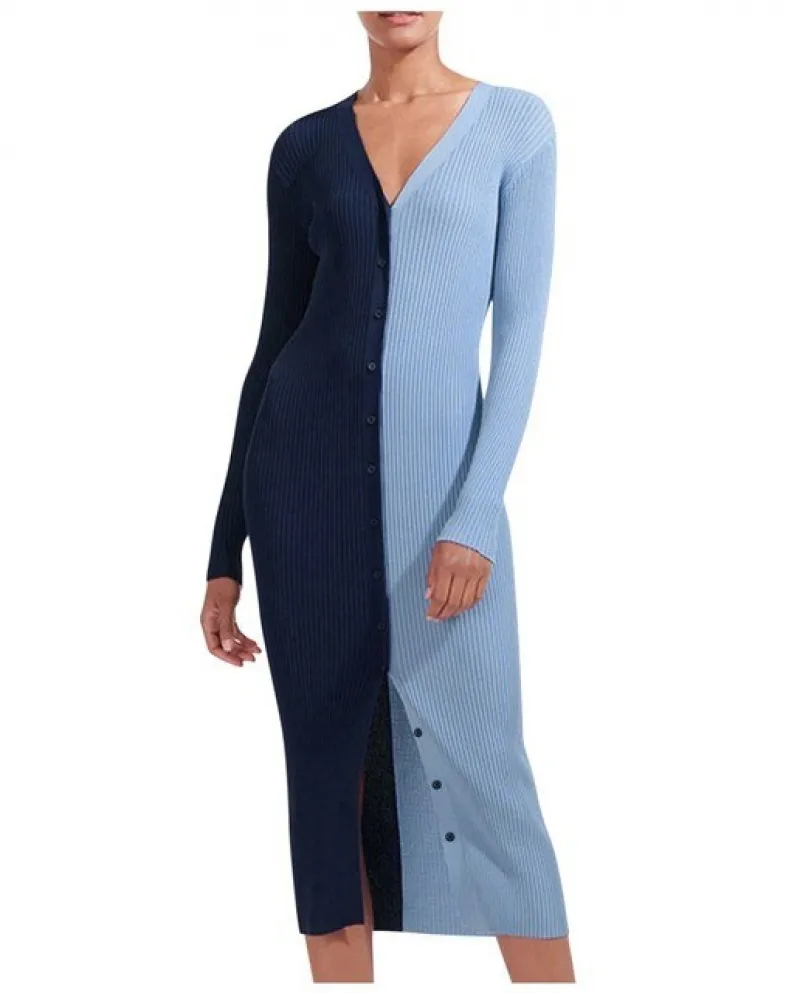 Abito lungo lavorato a maglia da donna Nuovo vestito aderente con scollo a V sottile a contrasto 2022 Abito cardigan monopetto p