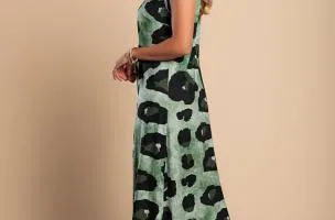 Abito lungo leopardato, verde