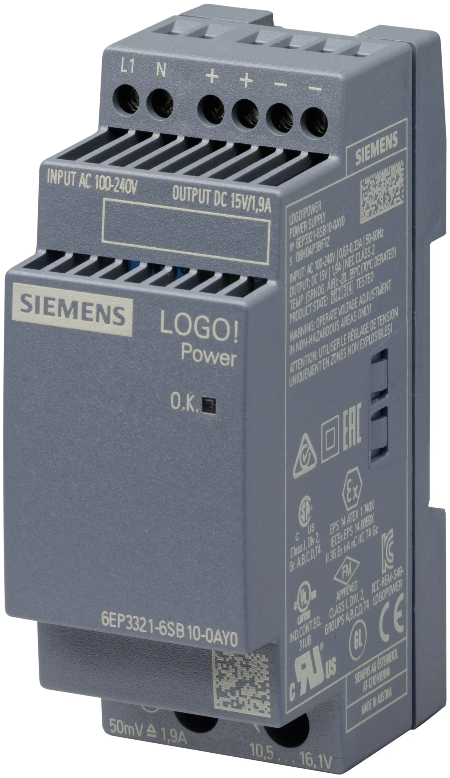 Alimentatore a montaggio su guida DIN Siemens, 15V cc, 1.9A, 230V ca, 28.5W