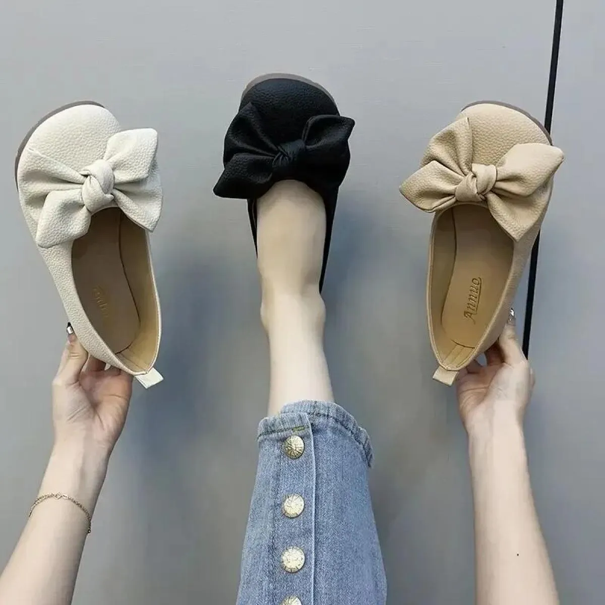 Ballerine pieghevoli con suola sottile Scarpe da viaggio per hotel da donna Mocassini con nodo a farfalla da donna con piede lar