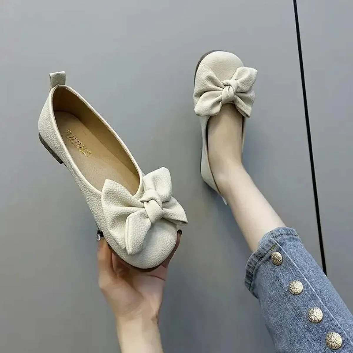 Ballerine pieghevoli con suola sottile Scarpe da viaggio per hotel da donna Mocassini con nodo a farfalla da donna con piede lar