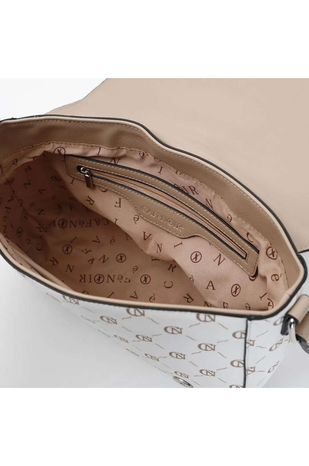 borsa rigida con pattina e stampa logata all-over in contrasto bianco/cipria