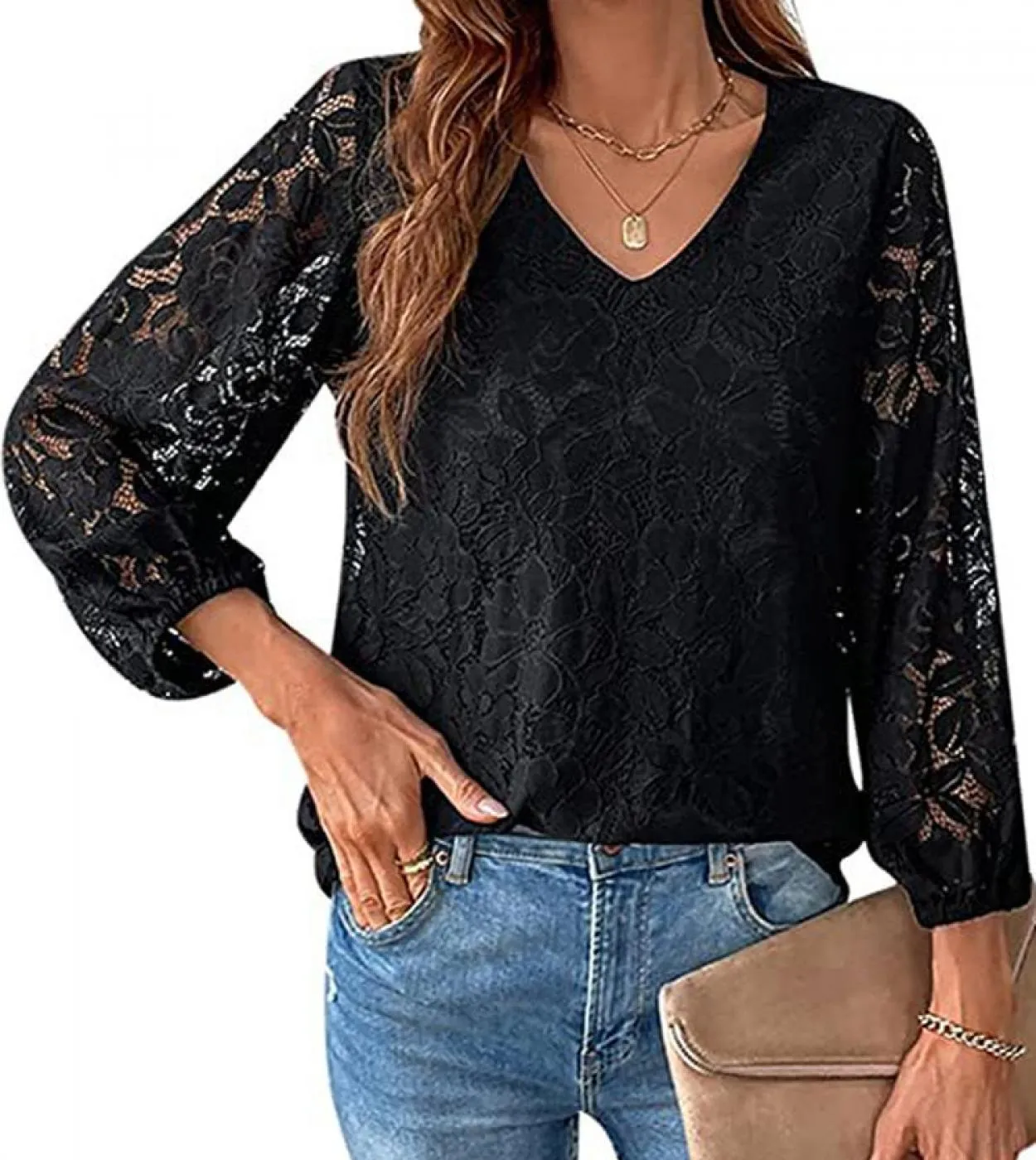 Camicetta elegante in pizzo con scollo a V 2022 Camicia donna autunno scava fuori Camicia bianca Femme Manica a tre quarti Lady