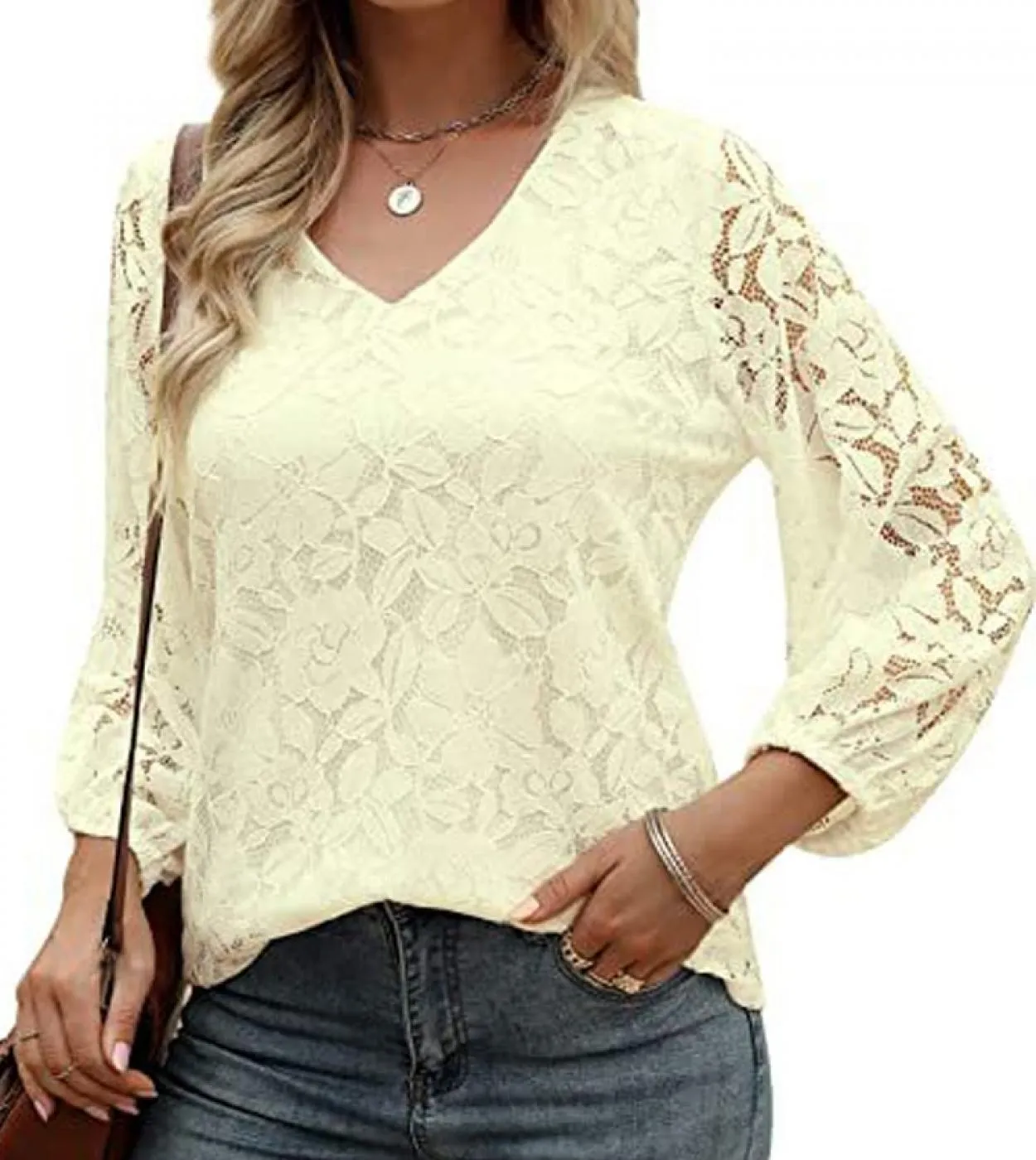 Camicetta elegante in pizzo con scollo a V 2022 Camicia donna autunno scava fuori Camicia bianca Femme Manica a tre quarti Lady