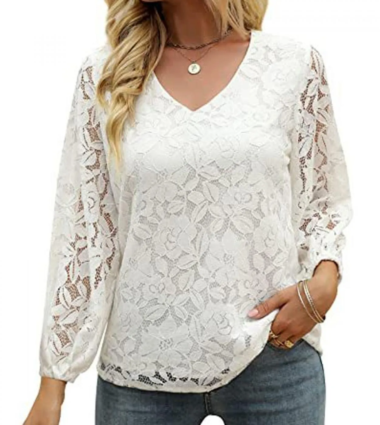 Camicetta elegante in pizzo con scollo a V 2022 Camicia donna autunno scava fuori Camicia bianca Femme Manica a tre quarti Lady