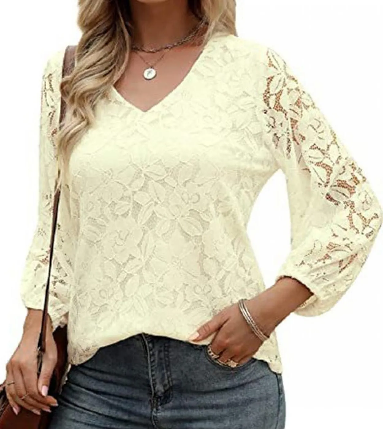 Camicetta elegante in pizzo con scollo a V 2022 Camicia donna autunno scava fuori Camicia bianca Femme Manica a tre quarti Lady