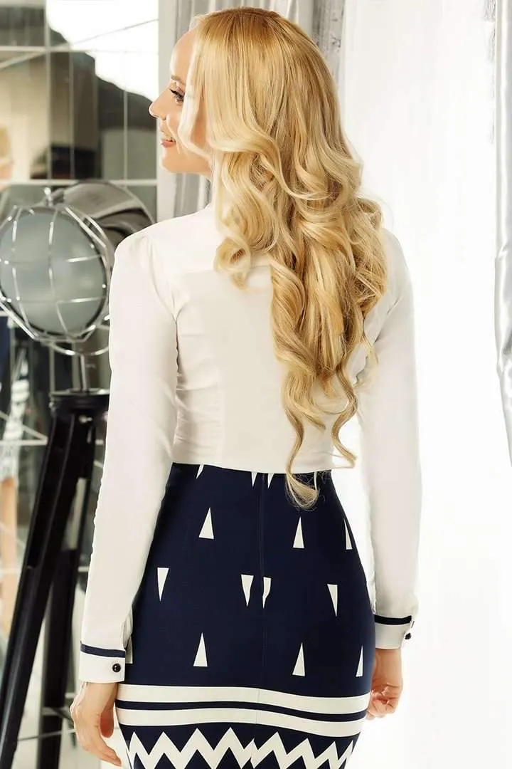 Camicia bianca elegante - scollatura a V sovrapposta - rifiniture blu notte - Fofy