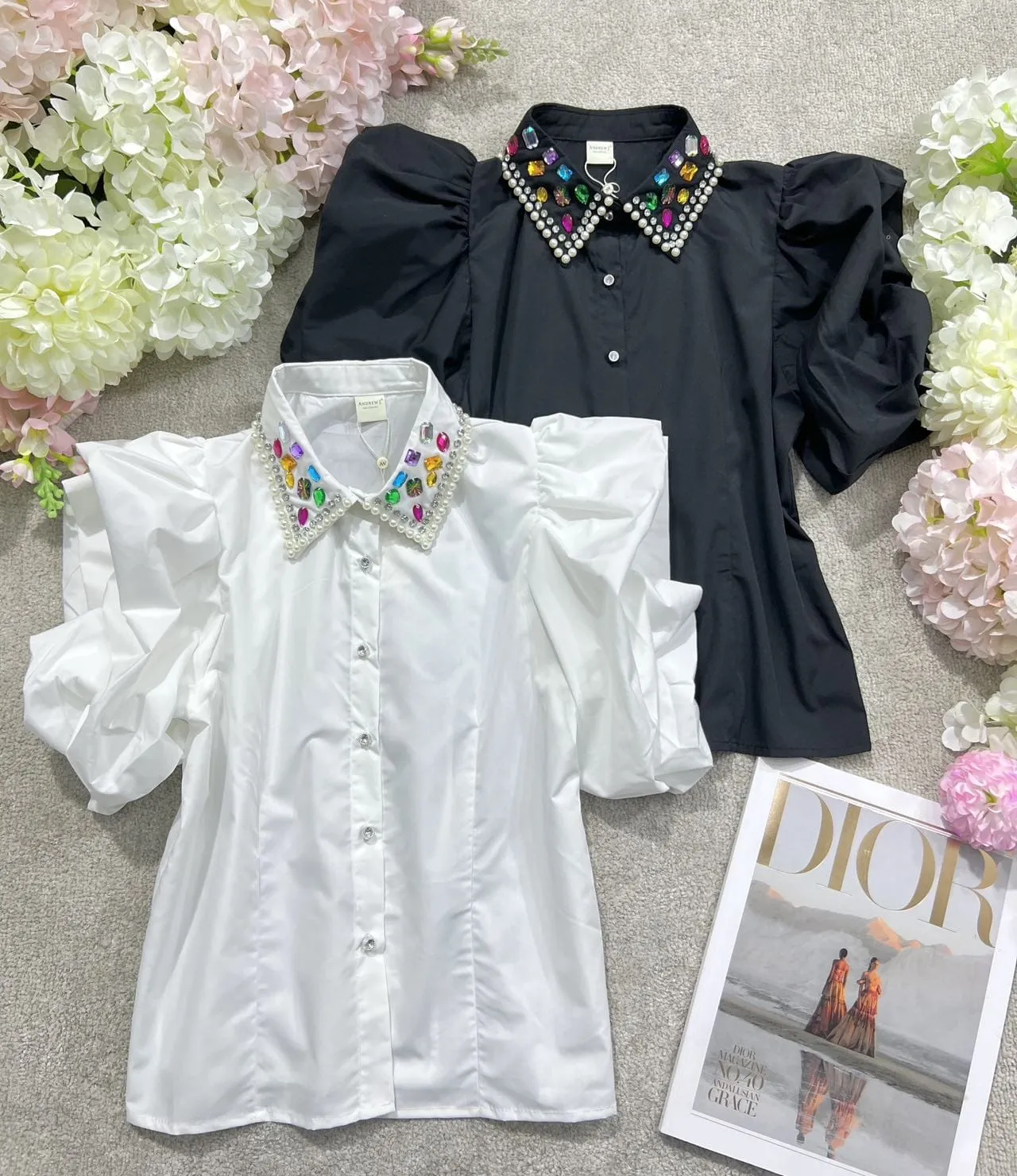 Camicia Donna Colletto Mezza Manica Sbuffo Bottoni Strass Perle Pietre Multicolore Gioiello