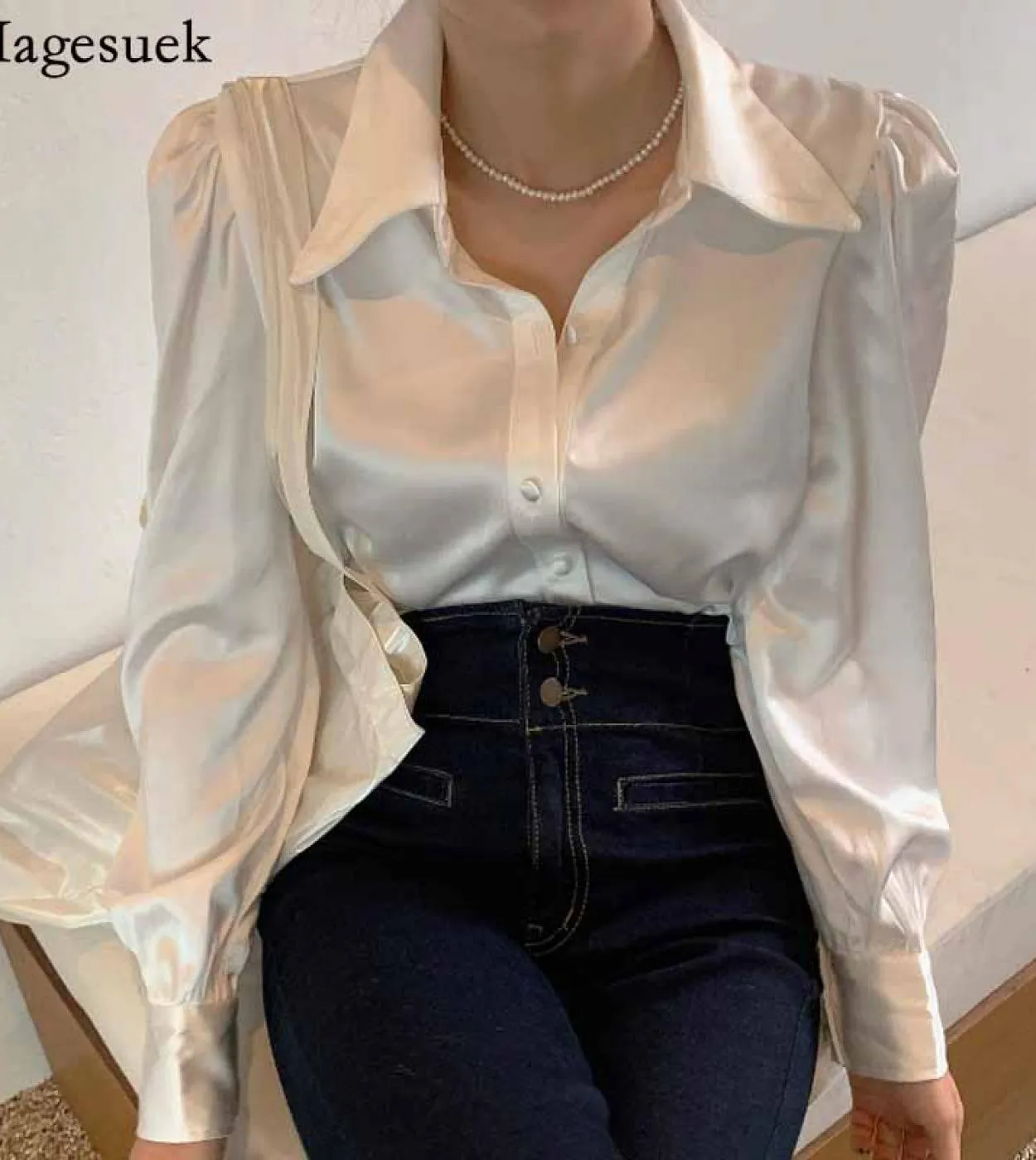 Camicia elegante in raso sciolto elegante Camicia a maniche lunghe con bottoni Risvolto Camicia da donna Top Bianco Camicetta da