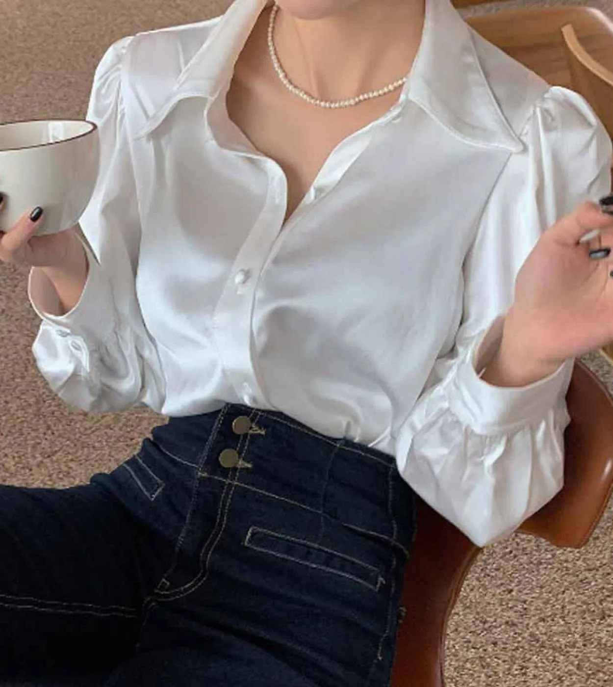 Camicia elegante in raso sciolto elegante Camicia a maniche lunghe con bottoni Risvolto Camicia da donna Top Bianco Camicetta da