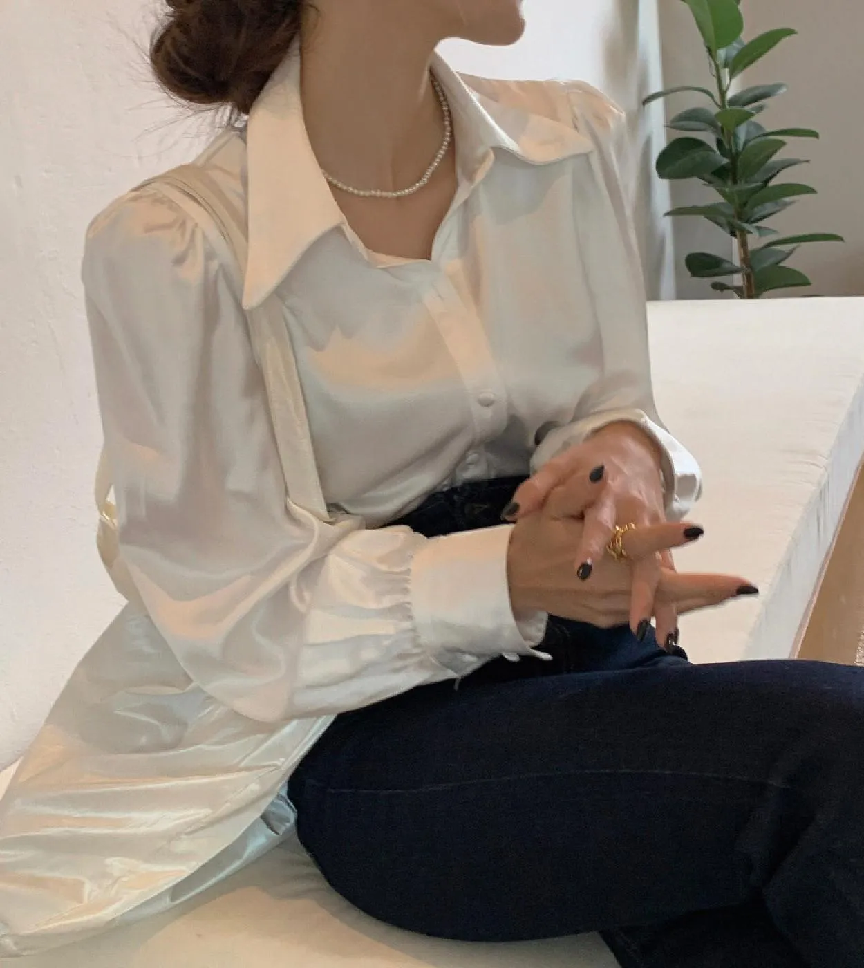 Camicia elegante in raso sciolto elegante Camicia a maniche lunghe con bottoni Risvolto Camicia da donna Top Bianco Camicetta da