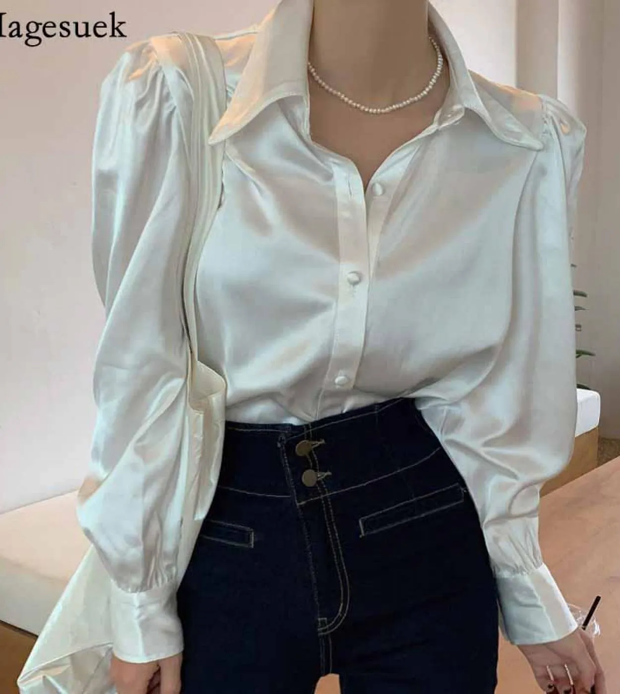 Camicia elegante in raso sciolto elegante Camicia a maniche lunghe con bottoni Risvolto Camicia da donna Top Bianco Camicetta da