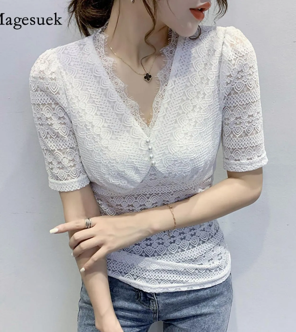 Camicia estiva in pizzo con scollo a V New Splicing Wild Elegante camicia in pizzo Camicetta a maniche corte Camicetta femminile
