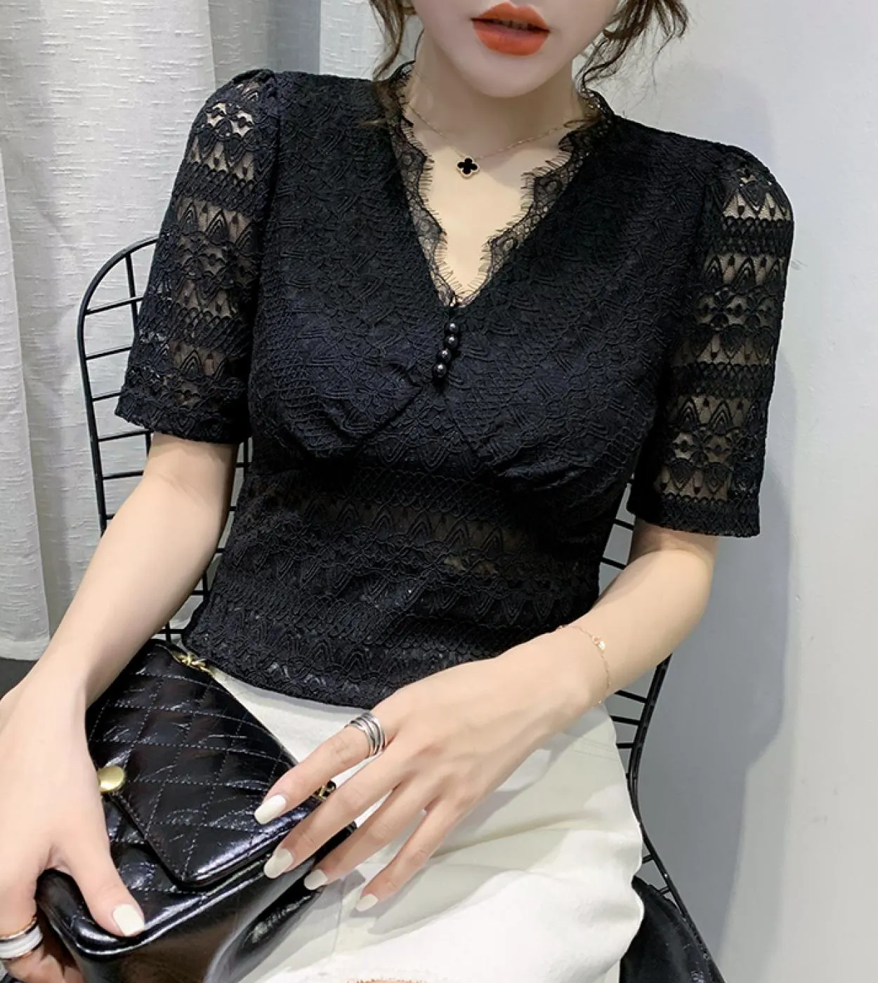 Camicia estiva in pizzo con scollo a V New Splicing Wild Elegante camicia in pizzo Camicetta a maniche corte Camicetta femminile