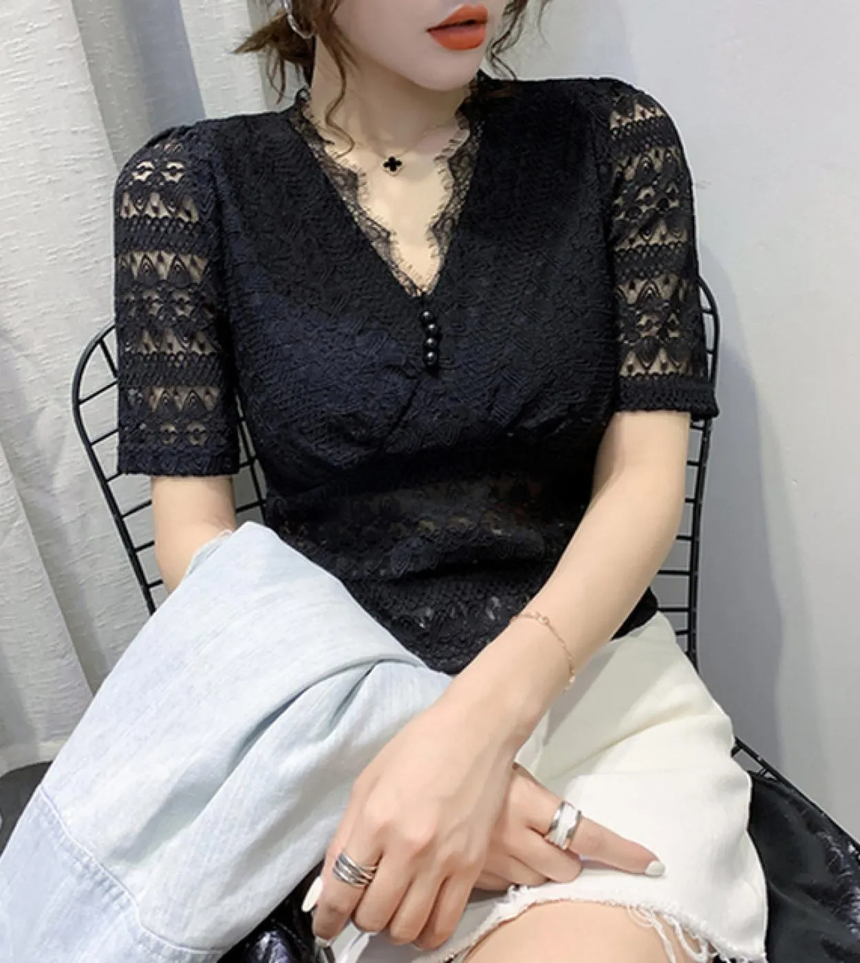 Camicia estiva in pizzo con scollo a V New Splicing Wild Elegante camicia in pizzo Camicetta a maniche corte Camicetta femminile