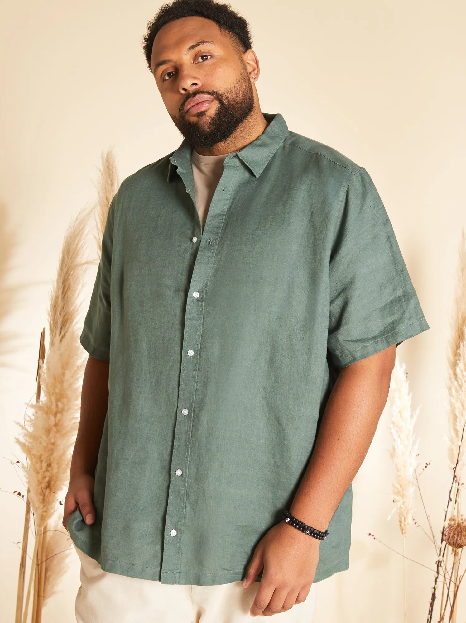 Camicia in lino a maniche corte - VERDE