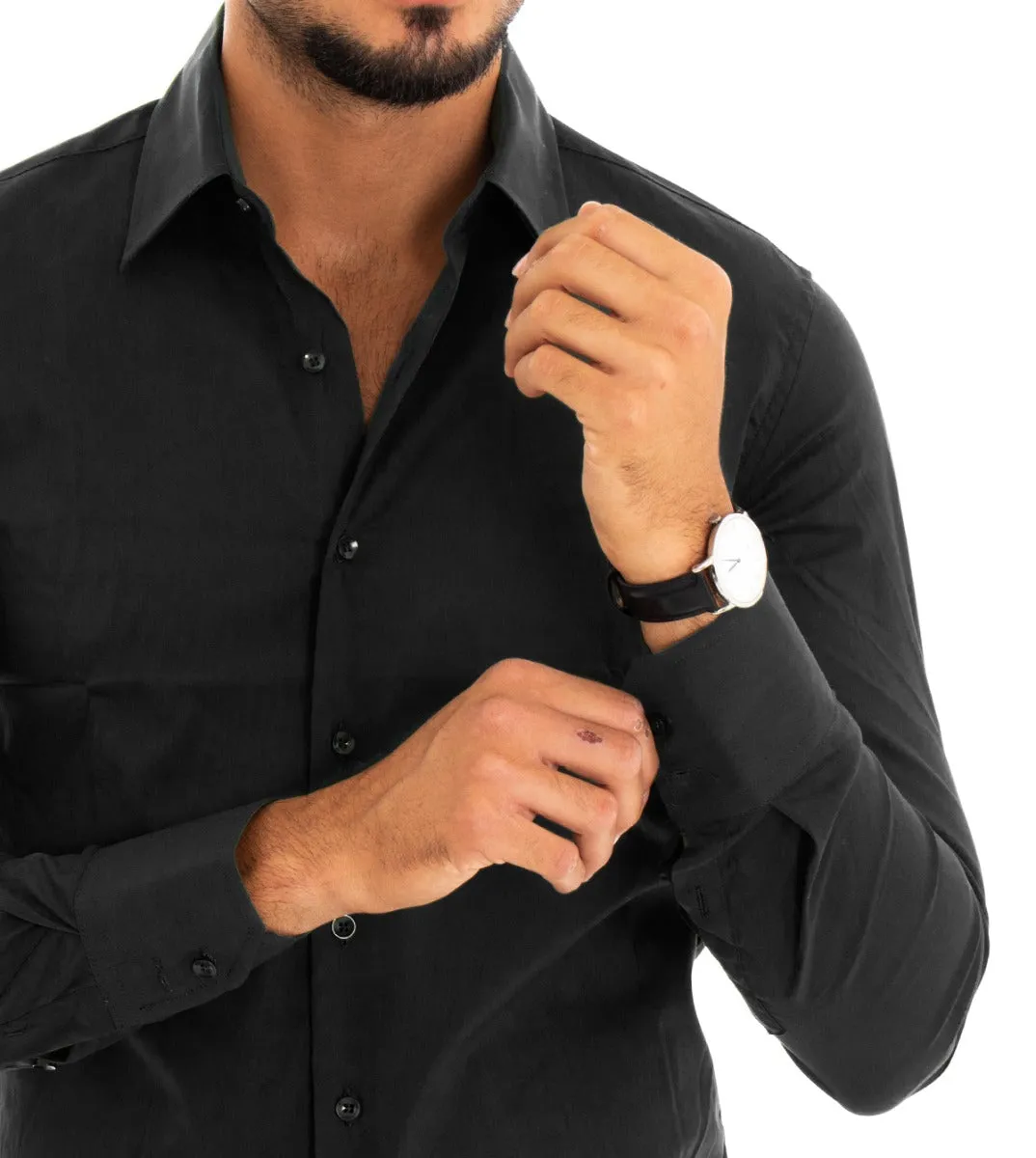 Camicia Uomo Con Colletto Manica Lunga Slim Fit Basic Casual Cotone Nero GIOSAL-C1810A