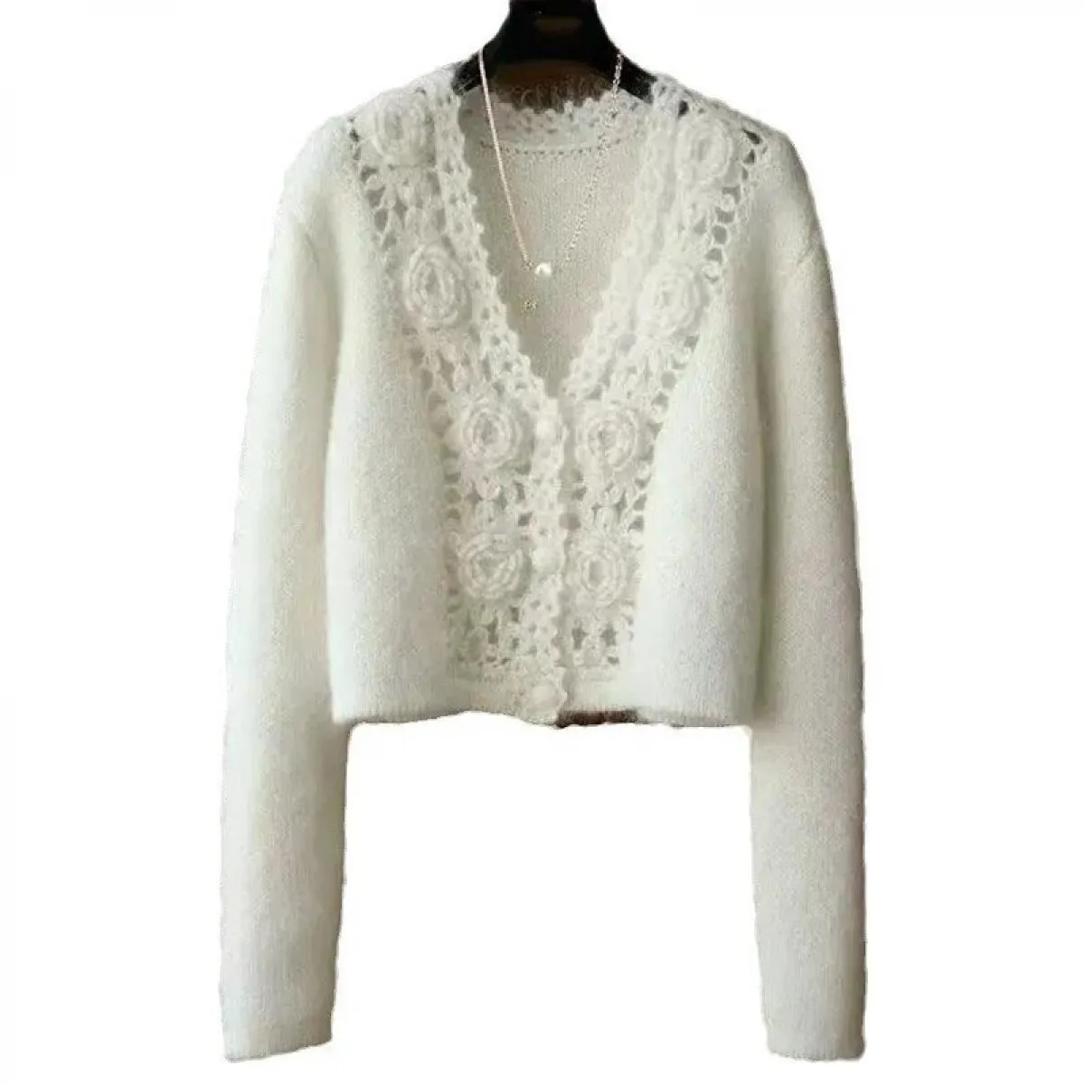 Cappotto maglione cardigan bianco Donna Primavera Autunno Hollow Maglione corto allentato Temperamento Cappotto con scollo a V D