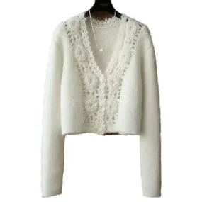 Cappotto maglione cardigan bianco Donna Primavera Autunno Hollow Maglione corto allentato Temperamento Cappotto con scollo a V D