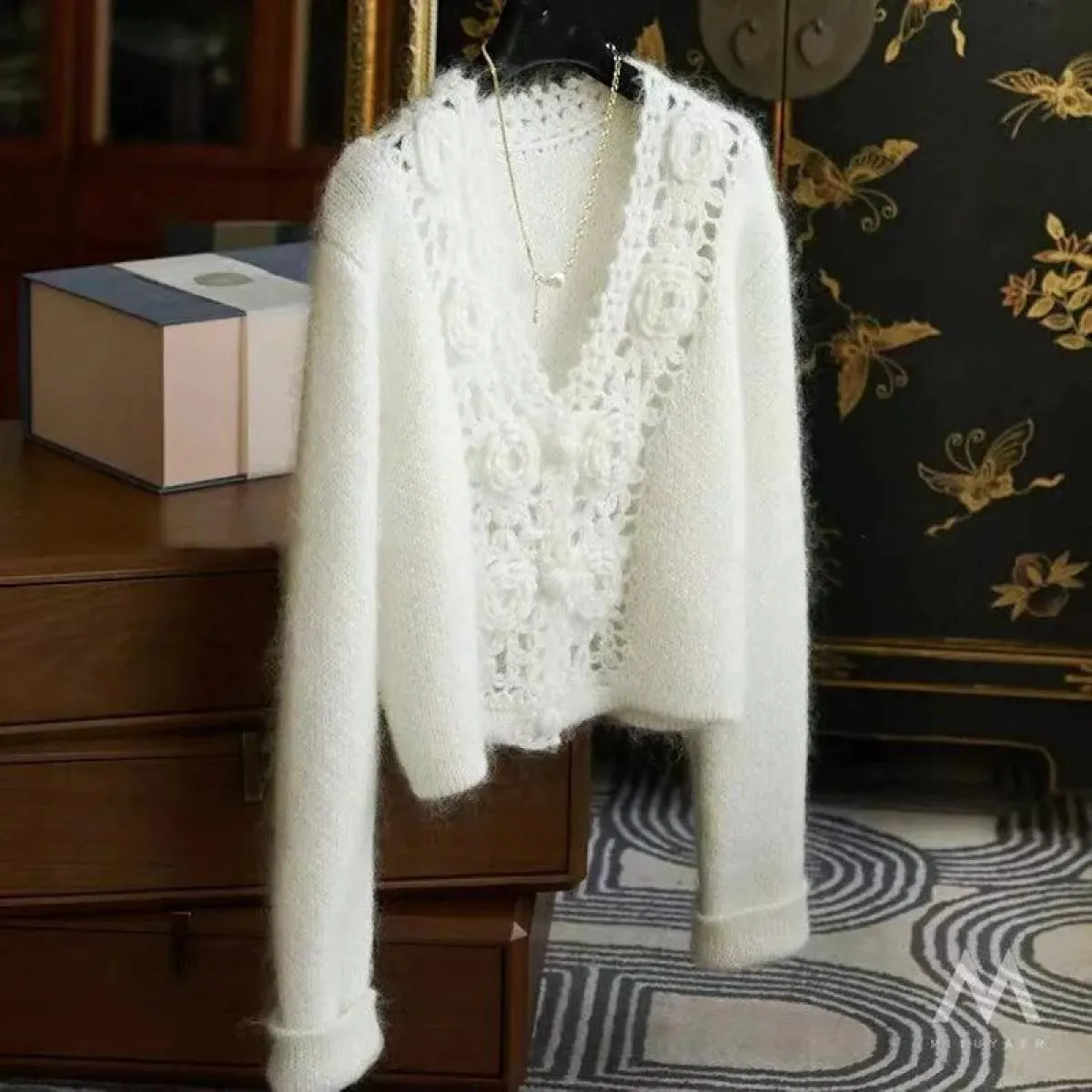 Cappotto maglione cardigan bianco Donna Primavera Autunno Hollow Maglione corto allentato Temperamento Cappotto con scollo a V D