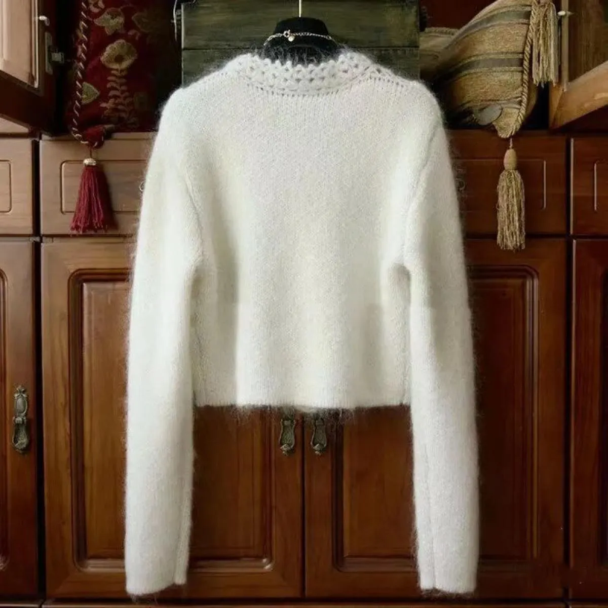 Cappotto maglione cardigan bianco Donna Primavera Autunno Hollow Maglione corto allentato Temperamento Cappotto con scollo a V D