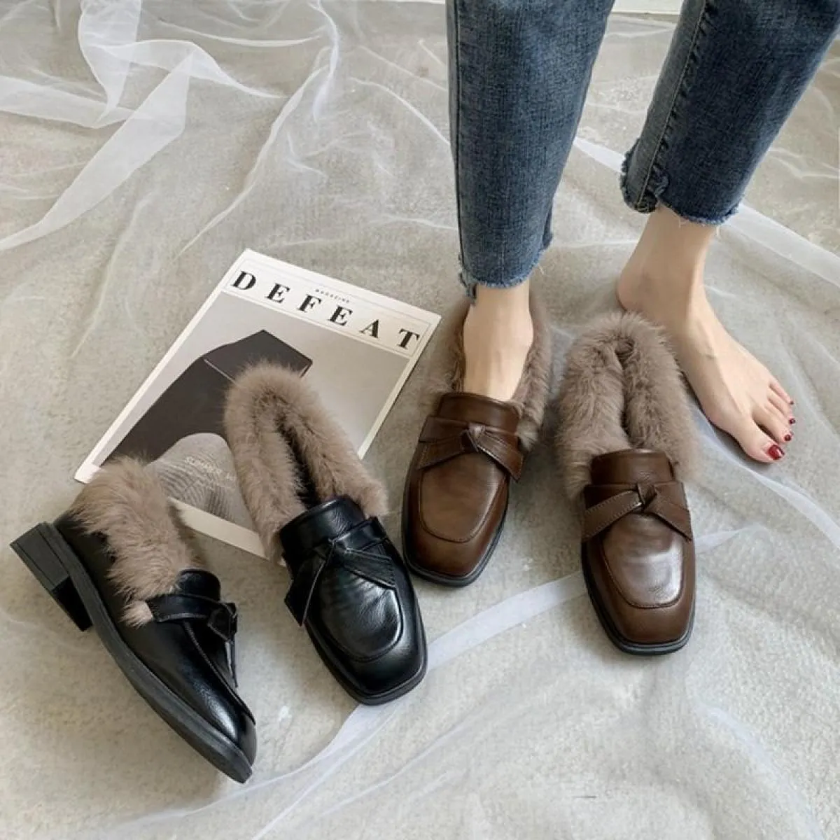 Di lusso 2022 Donne di Modo Mocassini Finta Pelliccia di Coniglio Slipon Scarpe da Donna Tacchi Bassi Casual Peluche Scarpe da B