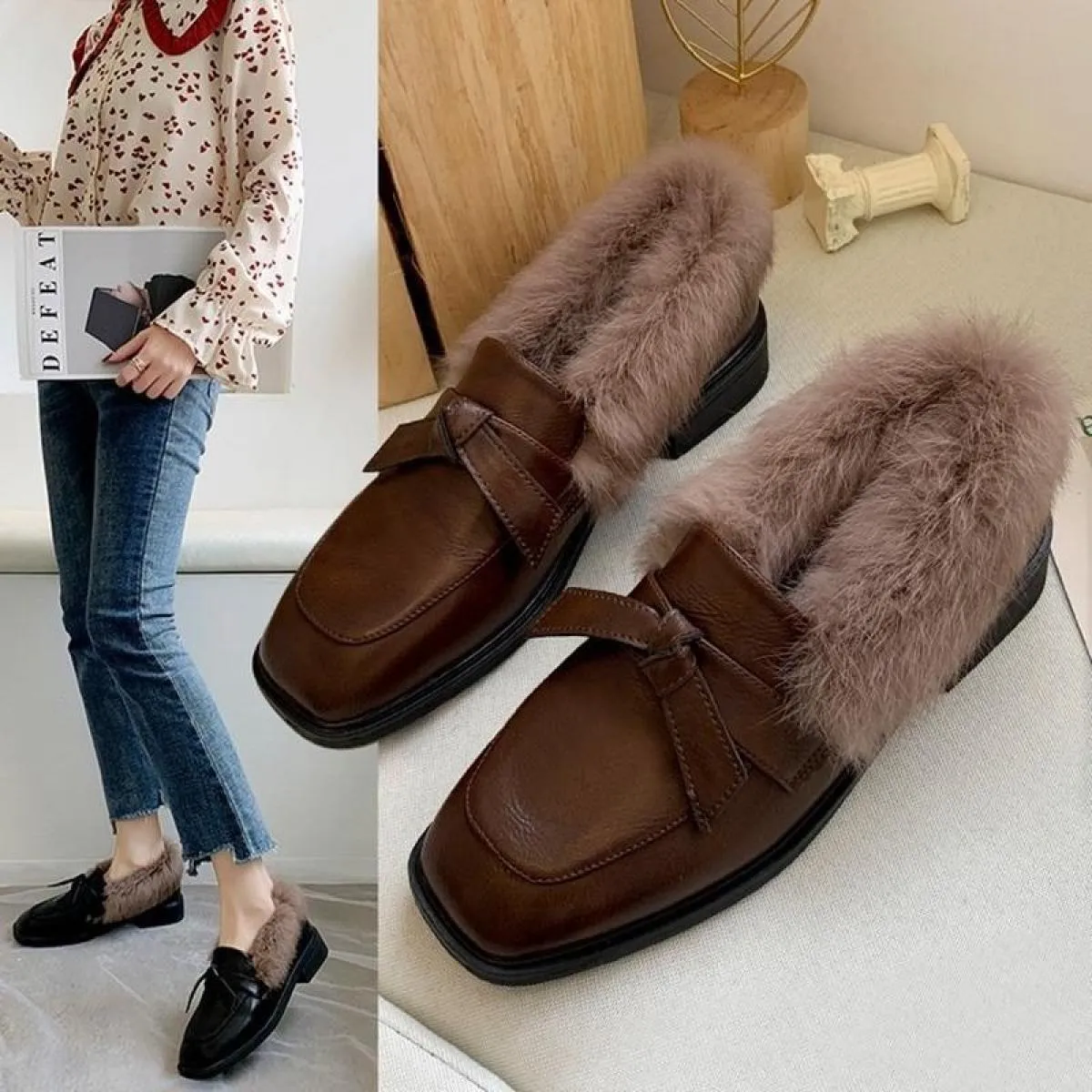 Di lusso 2022 Donne di Modo Mocassini Finta Pelliccia di Coniglio Slipon Scarpe da Donna Tacchi Bassi Casual Peluche Scarpe da B