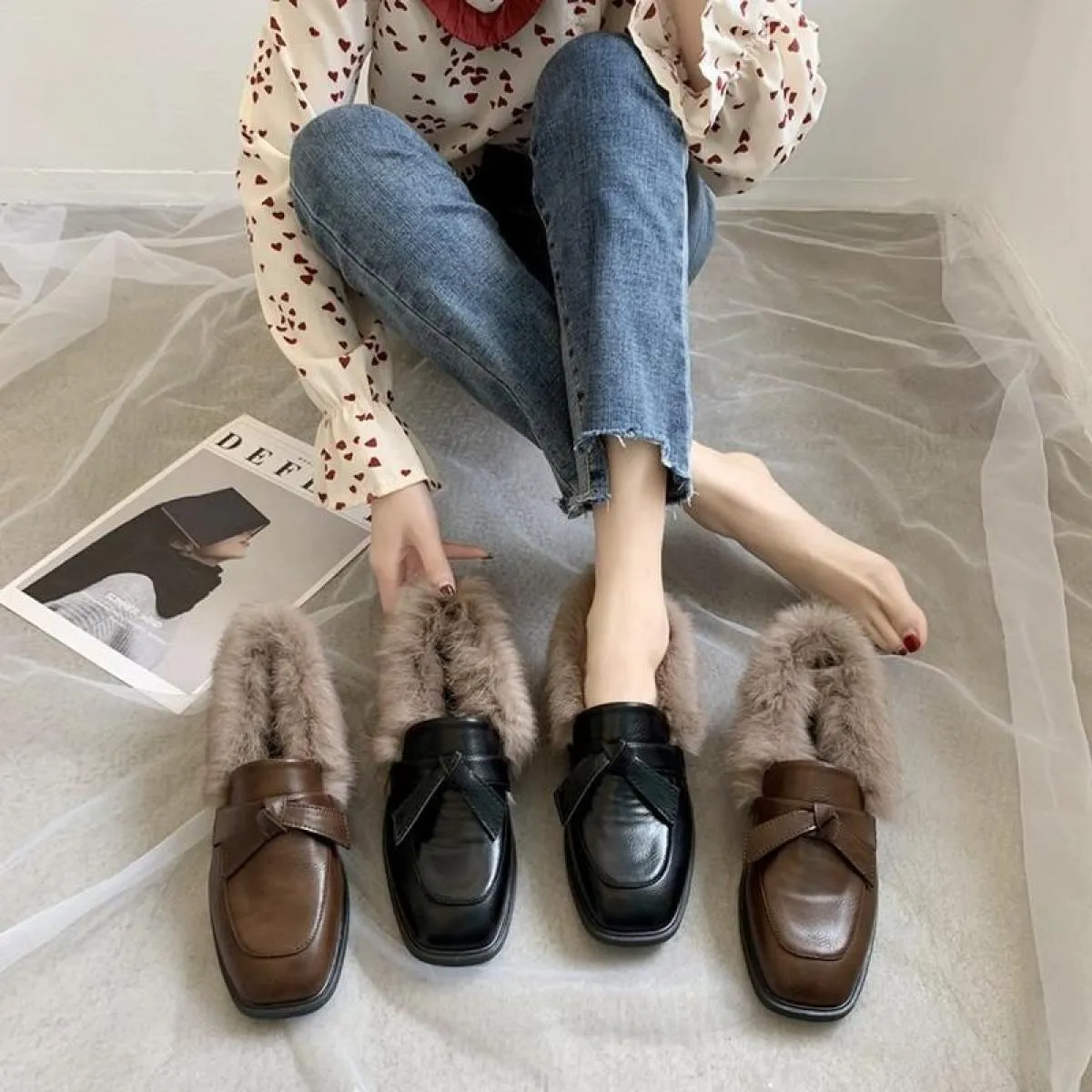 Di lusso 2022 Donne di Modo Mocassini Finta Pelliccia di Coniglio Slipon Scarpe da Donna Tacchi Bassi Casual Peluche Scarpe da B