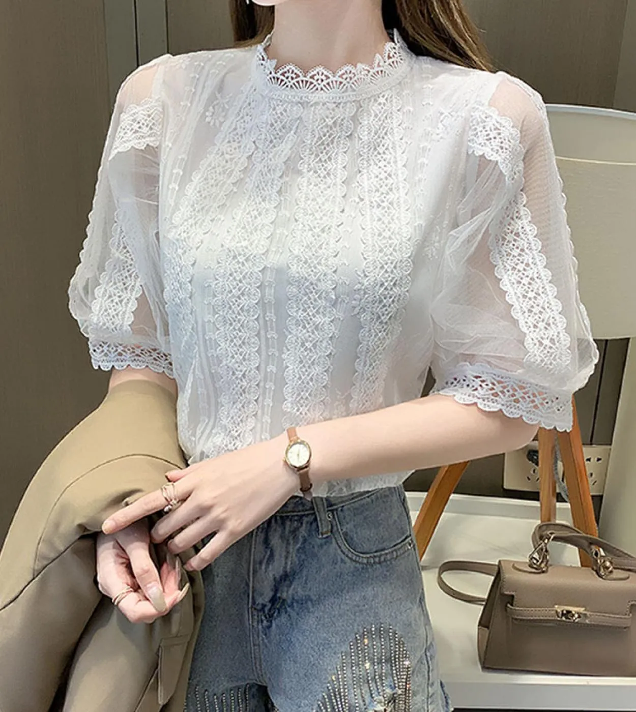 Elegante camicia dolce da donna alluncinetto Camicetta elegante da donna in pizzo Elegante manica corta Colletto a collo alto D