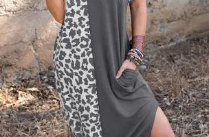 Elegante maxi abito con stampa leopardata, grigio