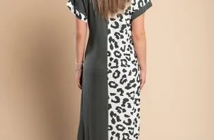 Elegante maxi abito con stampa leopardata, grigio