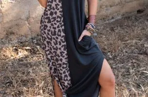 Elegante maxi abito leopardato, nero