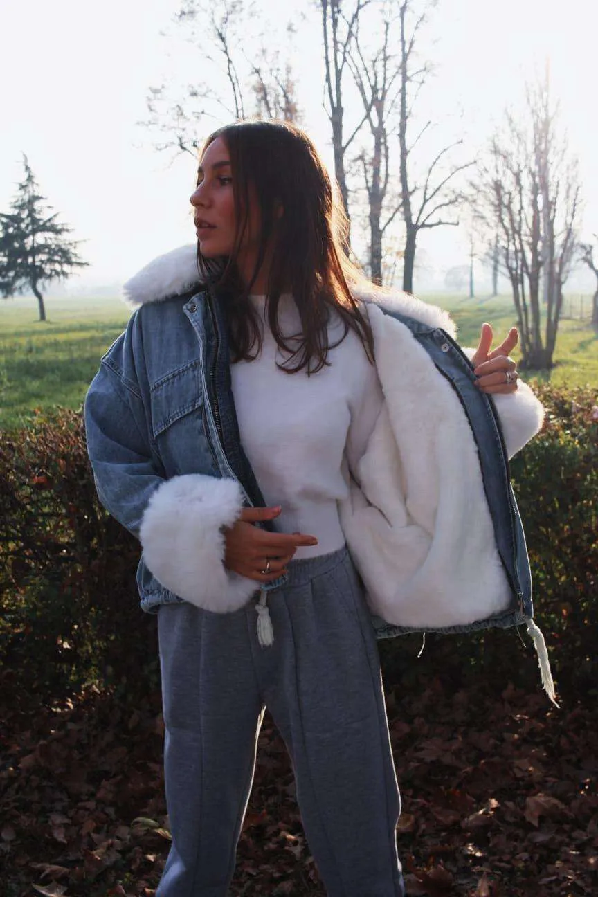 Giacca di Jeans con cerniera e finto pelo all'interno removibile