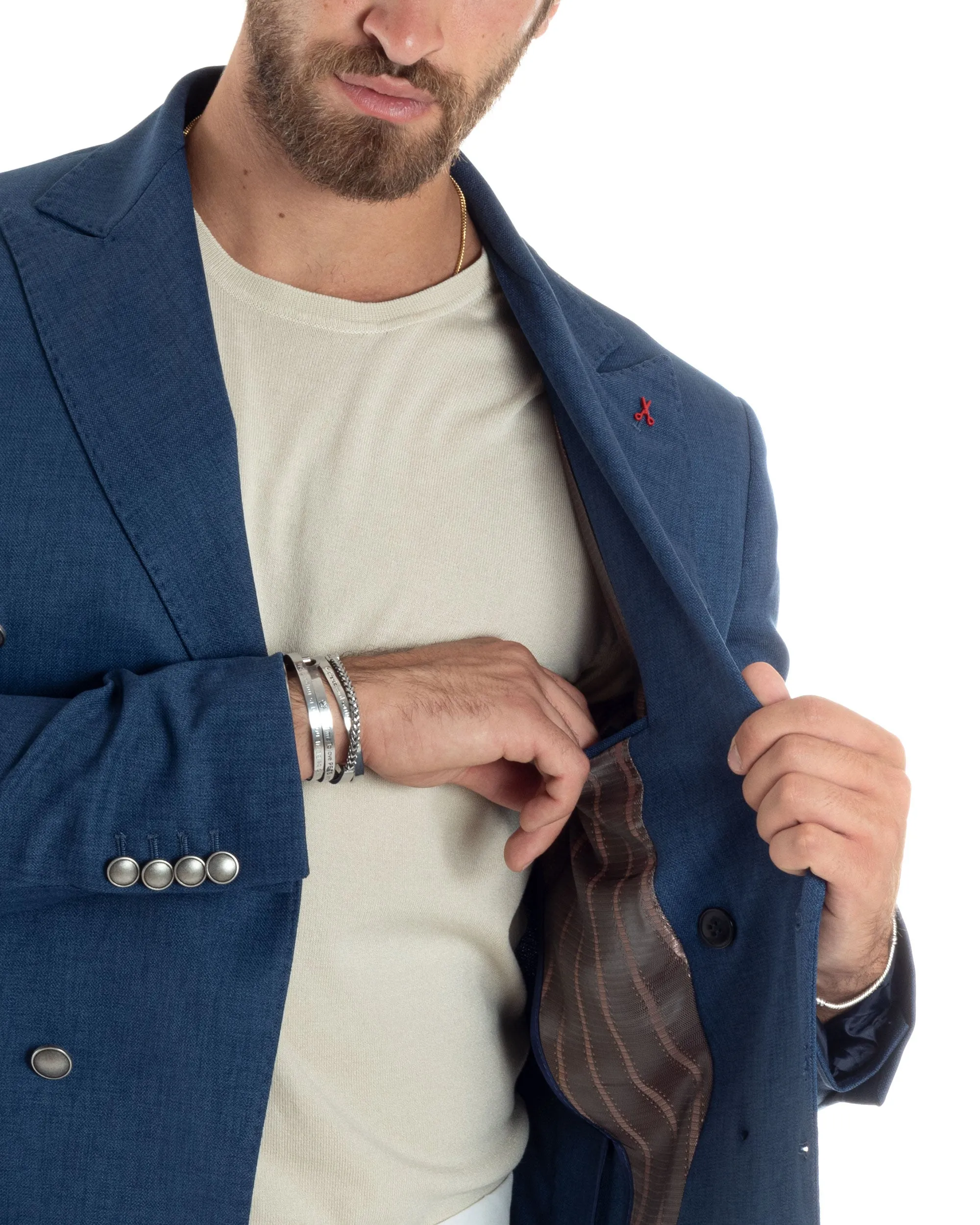 Giacca Uomo Doppiopetto Bottoni In Metallo Sartoriale Elegante Viscosa Tinta Unita Blu Casual Cerimonia GIOSAL-G3199A