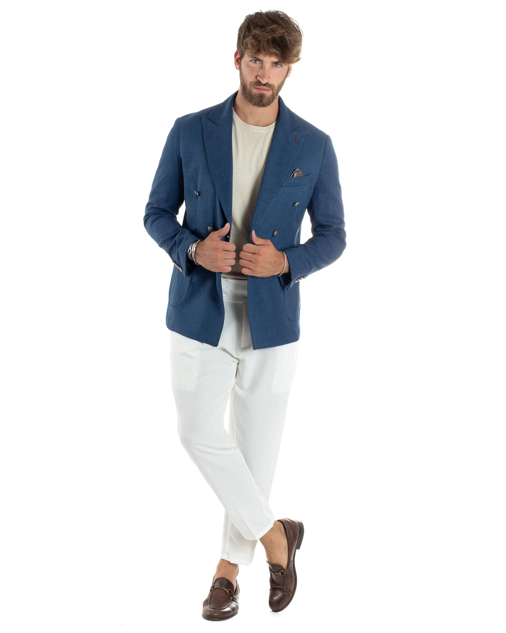 Giacca Uomo Doppiopetto Bottoni In Metallo Sartoriale Elegante Viscosa Tinta Unita Blu Casual Cerimonia GIOSAL-G3199A